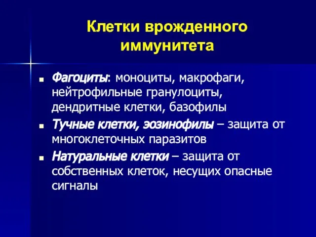 Клетки врожденного иммунитета Фагоциты: моноциты, макрофаги, нейтрофильные гранулоциты, дендритные клетки, базофилы Тучные