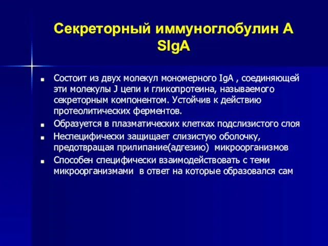 Секреторный иммуноглобулин А SIgA Состоит из двух молекул мономерного IgA , соединяющей