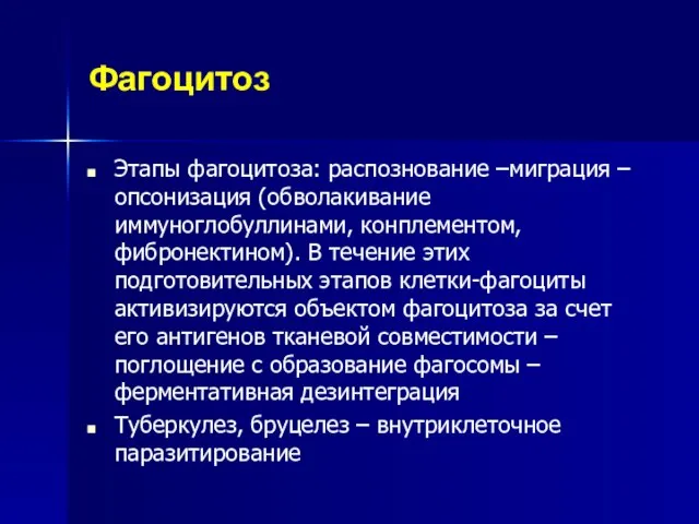 Фагоцитоз Этапы фагоцитоза: распознование –миграция – опсонизация (обволакивание иммуноглобуллинами, конплементом, фибронектином). В