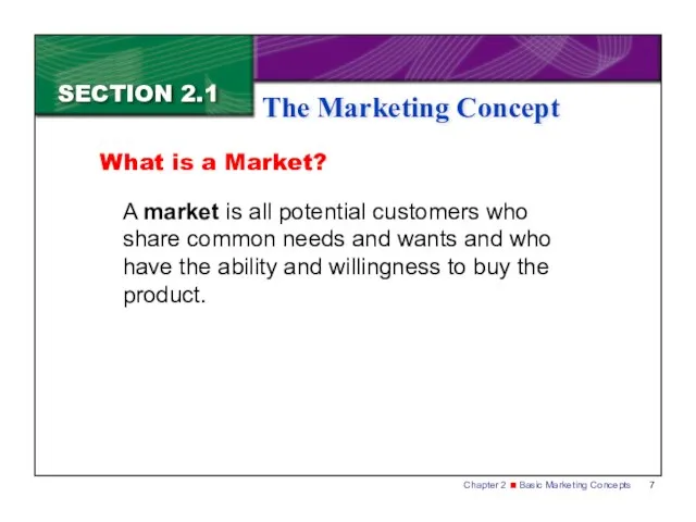 SECTION 2.1 The Marketing Concept A market is all potential customers who