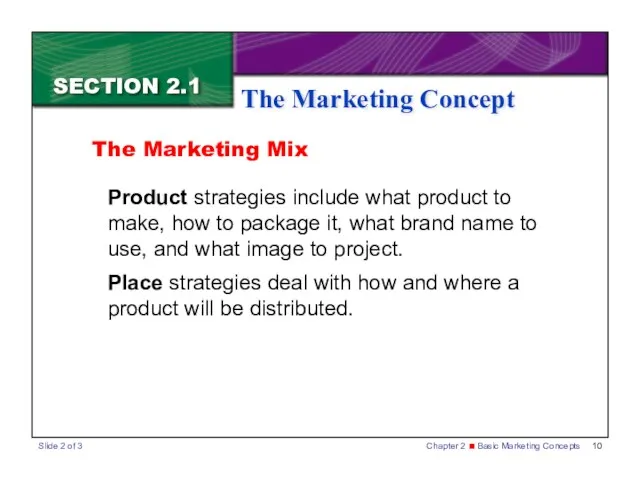 SECTION 2.1 The Marketing Concept Product strategies include what product to make,