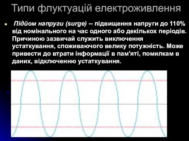 Типи флуктуацій електроживлення Підйом напруги (surge) -- підвищення напруги до 110% від