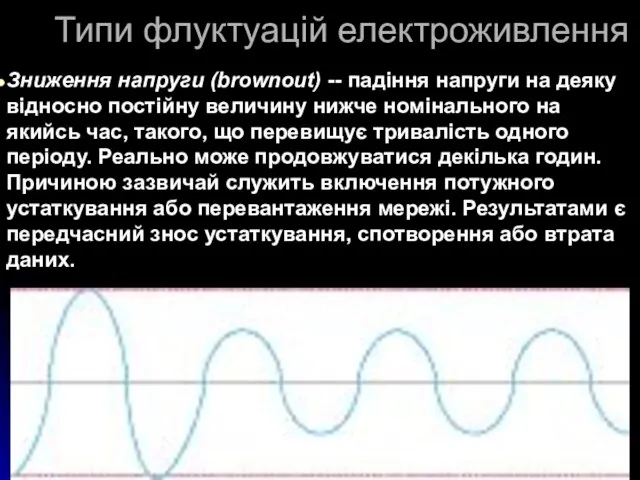 Типи флуктуацій електроживлення Зниження напруги (brownout) -- падіння напруги на деяку відносно