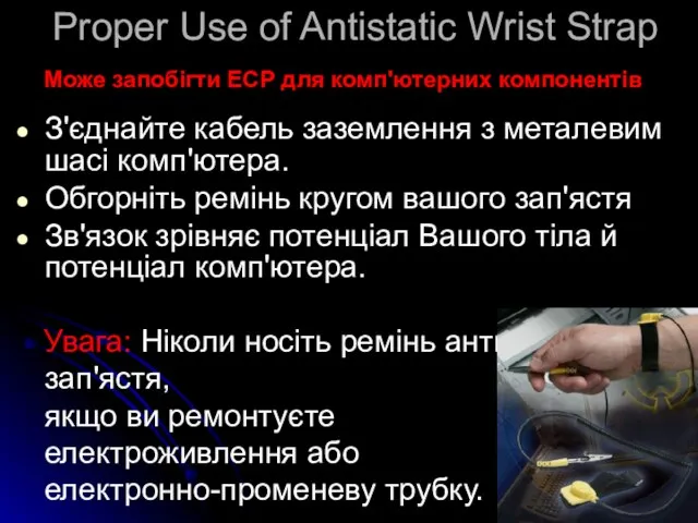 Proper Use of Antistatic Wrist Strap З'єднайте кабель заземлення з металевим шасі