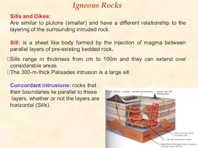 Igneous Rocks Sills and Dikes: Are similar to plutons (smaller) and have