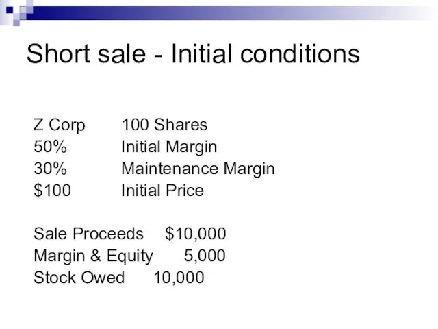 Short sale - Initial conditions Z Corp 100 Shares 50% Initial Margin