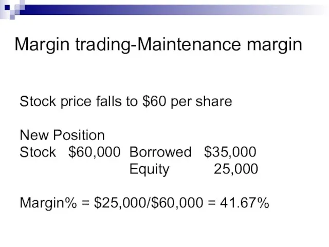 Margin trading-Maintenance margin Stock price falls to $60 per share New Position