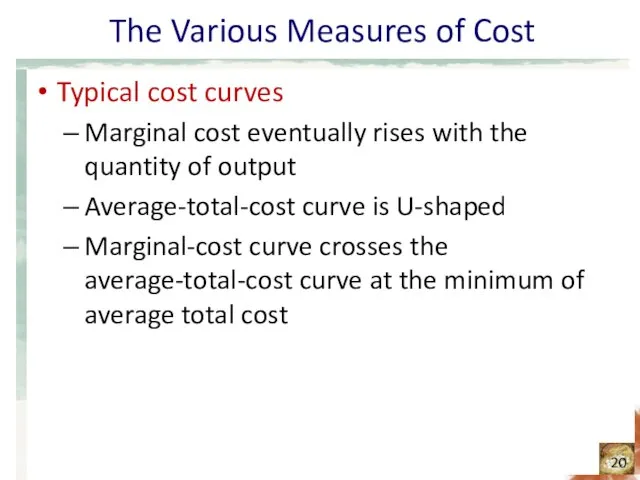 The Various Measures of Cost Typical cost curves Marginal cost eventually rises