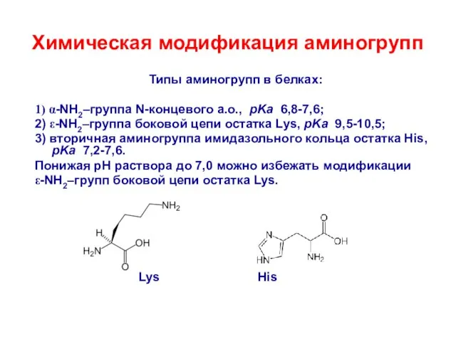 Химическая модификация аминогрупп Типы аминогрупп в белках: 1) α-NH2–группа N-концевого а.о., pKa