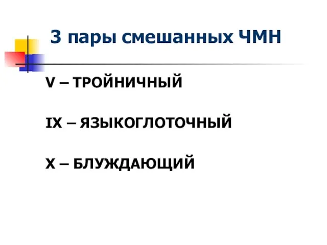 3 пары смешанных ЧМН V – ТРОЙНИЧНЫЙ IX – ЯЗЫКОГЛОТОЧНЫЙ X – БЛУЖДАЮЩИЙ