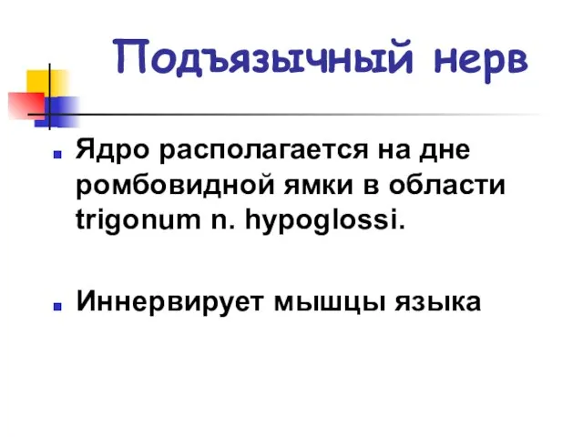 Подъязычный нерв Ядро располагается на дне ромбовидной ямки в области trigonum n. hypoglossi. Иннервирует мышцы языка