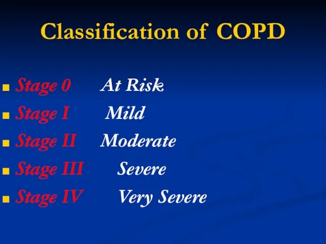 Classification of COPD Stage 0 At Risk Stage I Mild Stage II