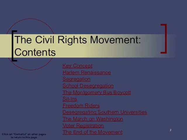 The Civil Rights Movement: Contents Key Concept Harlem Renaissance Segregation School Desegregation
