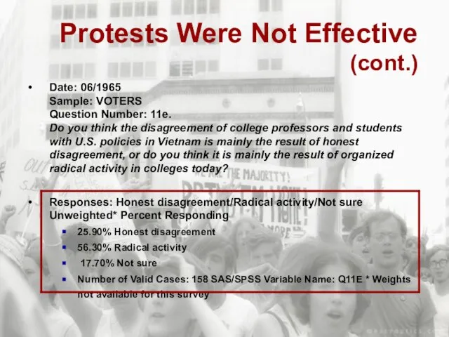 Protests Were Not Effective (cont.) Date: 06/1965 Sample: VOTERS Question Number: 11e.