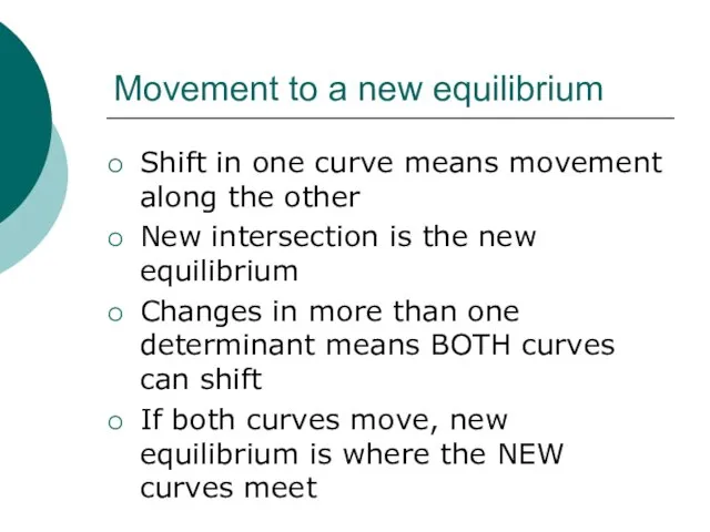 Movement to a new equilibrium Shift in one curve means movement along