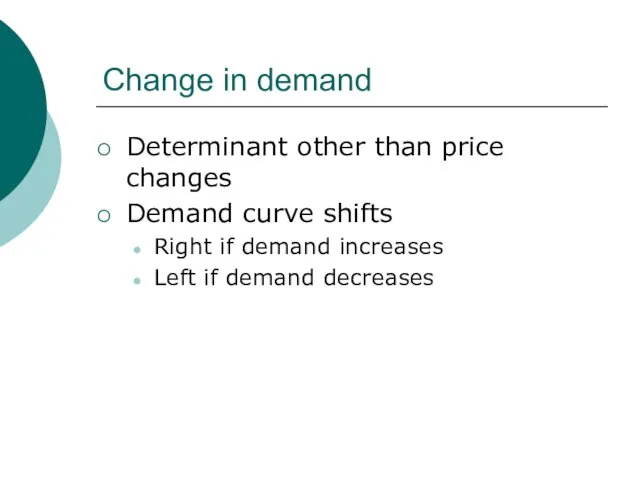 Change in demand Determinant other than price changes Demand curve shifts Right