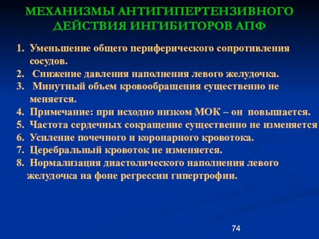 МЕХАНИЗМЫ АНТИГИПЕРТЕНЗИВНОГО ДЕЙСТВИЯ ИНГИБИТОРОВ АПФ 1. Уменьшение общего периферического сопротивления сосудов. 2.