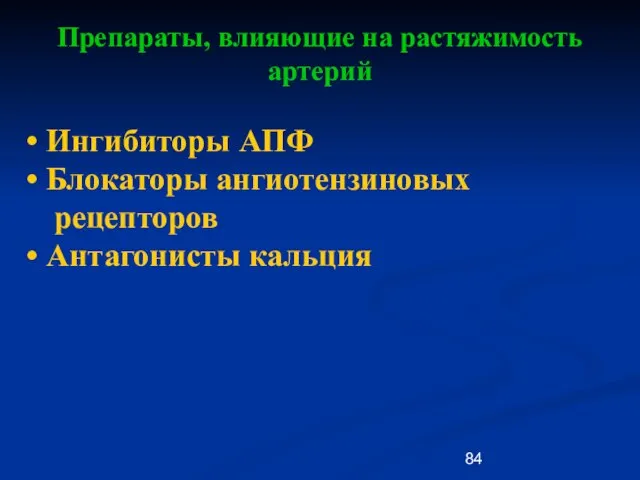 Препараты, влияющие на растяжимость артерий Ингибиторы АПФ Блокаторы ангиотензиновых рецепторов Антагонисты кальция