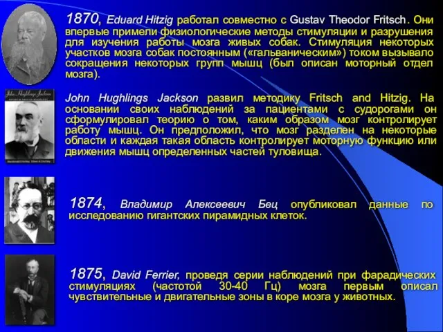 1870, Eduard Hitzig работал совместно с Gustav Theodor Fritsch. Они впервые примели