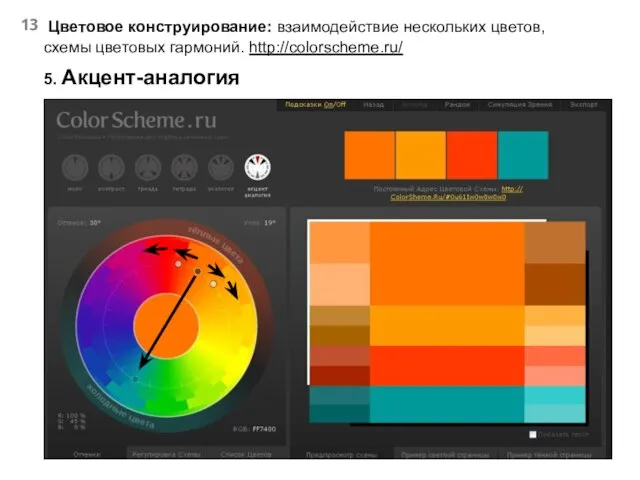 Цветовое конструирование: взаимодействие нескольких цветов, схемы цветовых гармоний. http://colorscheme.ru/ 5. Акцент-аналогия