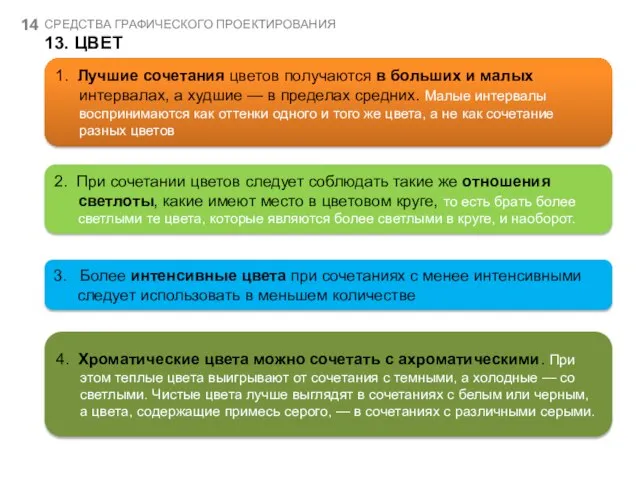 СРЕДСТВА ГРАФИЧЕСКОГО ПРОЕКТИРОВАНИЯ 13. ЦВЕТ 1. Лучшие сочетания цветов получаются в больших