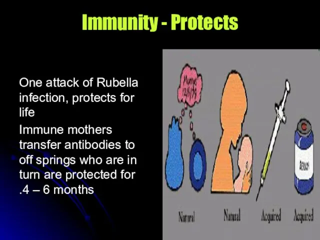 Immunity - Protects One attack of Rubella infection, protects for life Immune