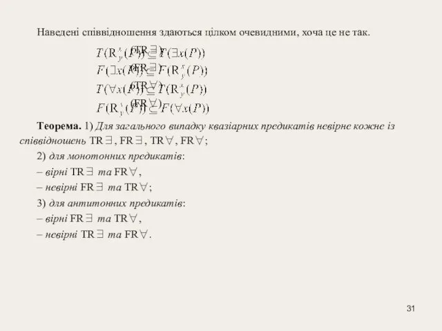 Наведені співвідношення здаються цілком очевидними, хоча це не так. (TR∃) (FR∃) (TR∀)