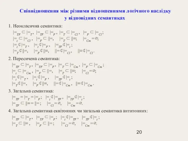 Співвідношення між різними відношеннями логічного наслідку у відповідних семантиках 1. Неокласична семантика: