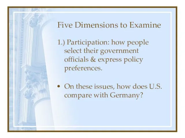 Five Dimensions to Examine 1.) Participation: how people select their government officials