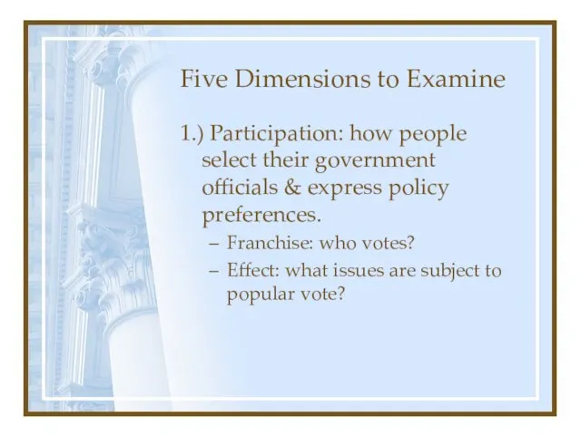 Five Dimensions to Examine 1.) Participation: how people select their government officials