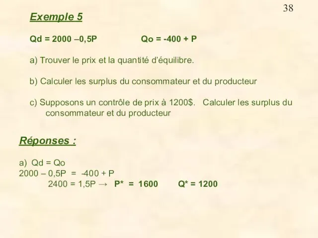 Exemple 5 Qd = 2000 –0,5P Qo = -400 + P a)