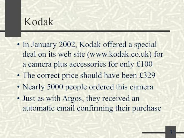 Kodak In January 2002, Kodak offered a special deal on its web