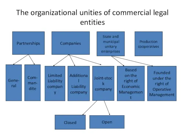 The organizational unities of commercial legal entities Partnerships Companies State and municipal