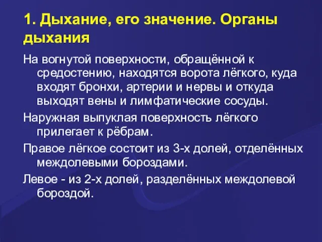 1. Дыхание, его значение. Органы дыхания На вогнутой поверхности, обращённой к средостению,