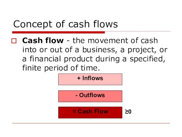 Concept of cash flows Cash flow - the movement of cash into