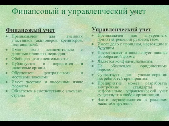 Финансовый и управленческий учет Финансовый учет Предназначен для внешних участников (акционеров, кредиторов,