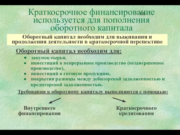 Краткосрочное финансирование используется для пополнения оборотного капитала Оборотный капитал необходим для: закупок