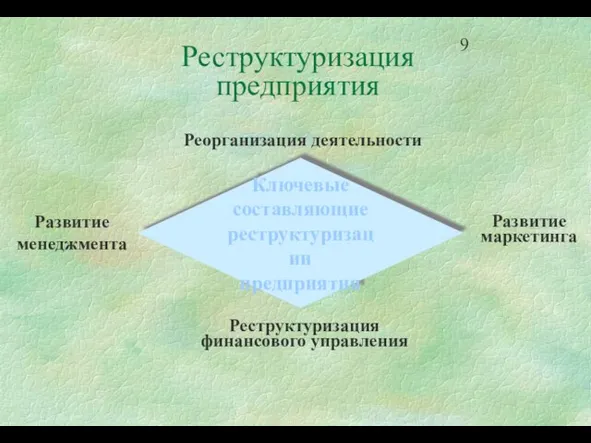 Реструктуризация предприятия Реорганизация деятельности Развитие маркетинга Развитие менеджмента Реструктуризация финансового управления Ключевые составляющие реструктуризации предприятия