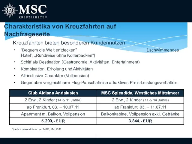 Kreuzfahrten bieten besonderen Kundennutzen “Bequem die Welt entdecken” („schwimmendes Hotel”, „Rundreise ohne