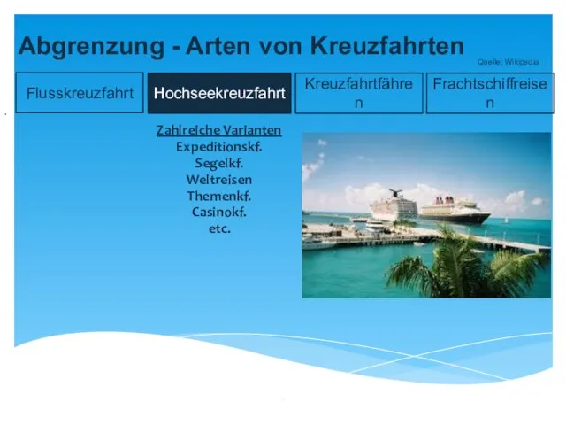 Abgrenzung - Arten von Kreuzfahrten Hochseekreuzfahrt Flusskreuzfahrt Kreuzfahrtfähren . Zahlreiche Varianten Expeditionskf.