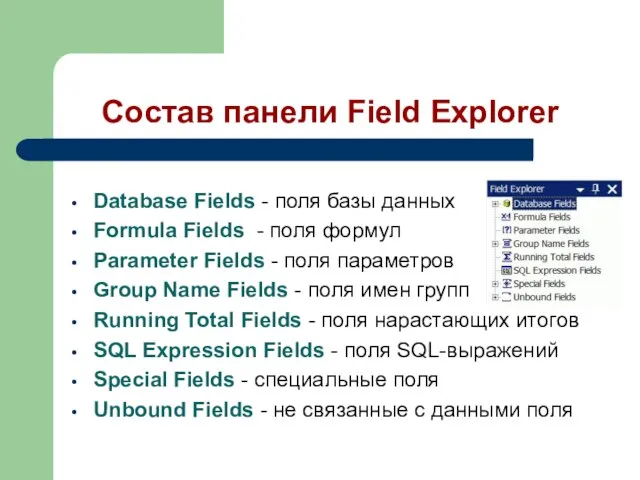 Состав панели Field Explorer Database Fields - поля базы данных Formula Fields