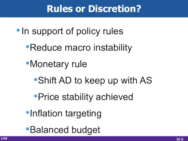 Rules or Discretion? In support of policy rules Reduce macro instability Monetary