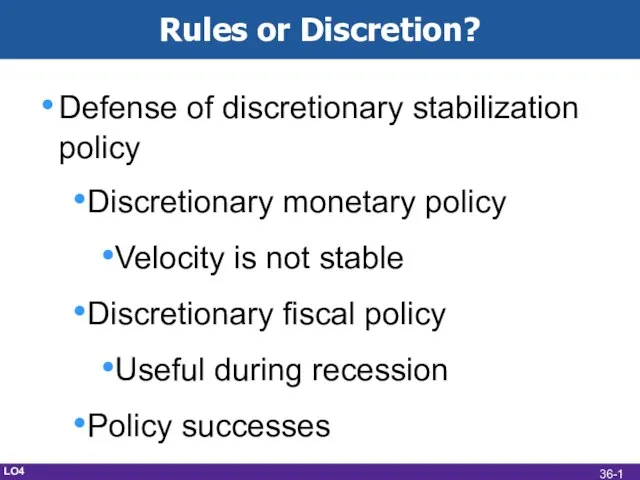 Rules or Discretion? Defense of discretionary stabilization policy Discretionary monetary policy Velocity