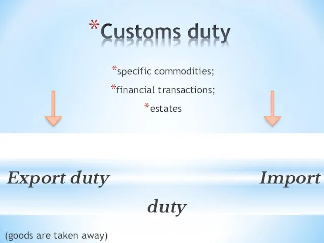 specific commodities; financial transactions; estates Export duty Import duty (goods are taken away) (goods from abroad)