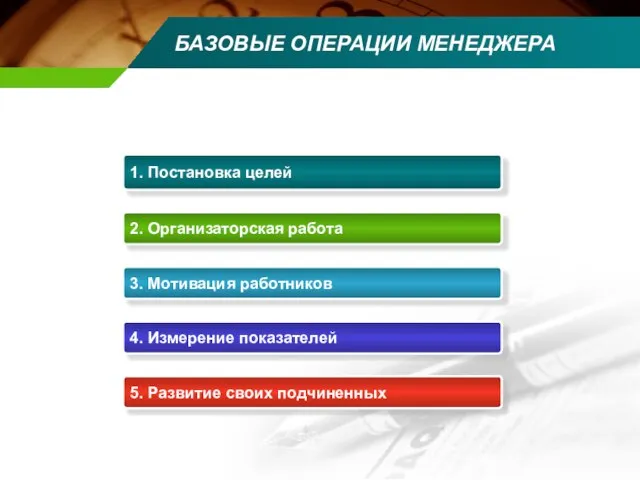 БАЗОВЫЕ ОПЕРАЦИИ МЕНЕДЖЕРА 1. Постановка целей 2. Организаторская работа 3. Мотивация работников