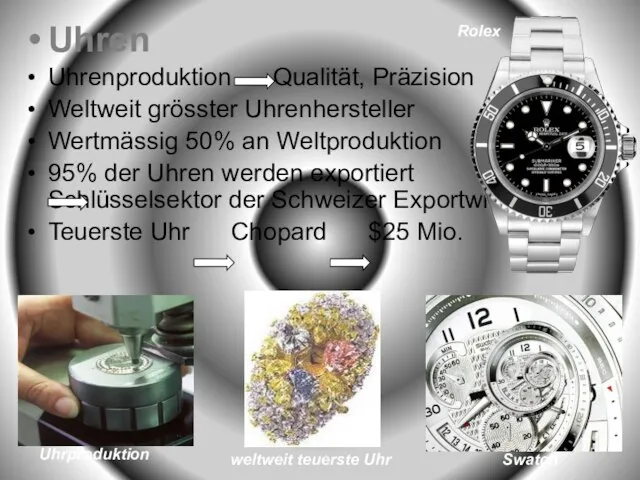 Uhren Uhrenproduktion Qualität, Präzision Weltweit grösster Uhrenhersteller Wertmässig 50% an Weltproduktion 95%