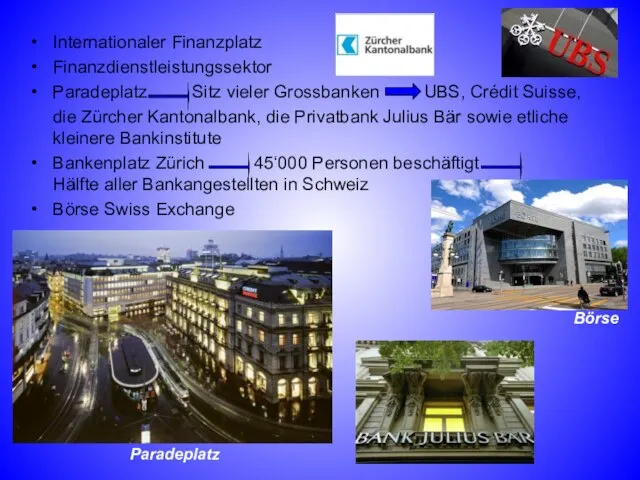 Internationaler Finanzplatz Finanzdienstleistungssektor Paradeplatz Sitz vieler Grossbanken UBS, Crédit Suisse, die Zürcher
