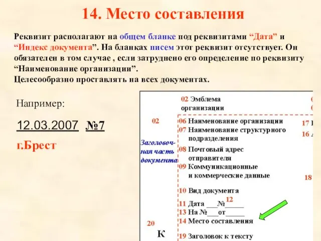 14. Место составления Реквизит располагают на общем бланке под реквизитами “Дата” и