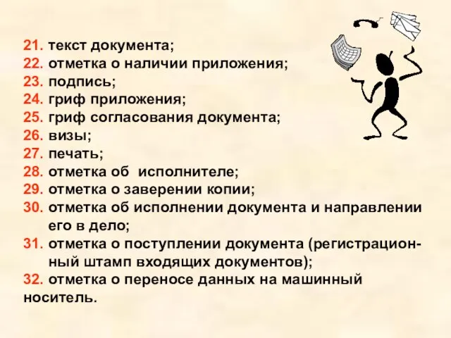 21. текст документа; 22. отметка о наличии приложения; 23. подпись; 24. гриф