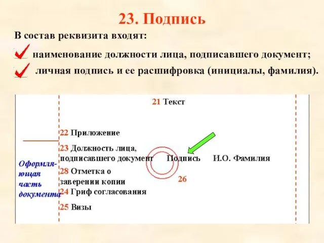 23. Подпись В состав реквизита входят: наименование должности лица, подписавшего документ; личная